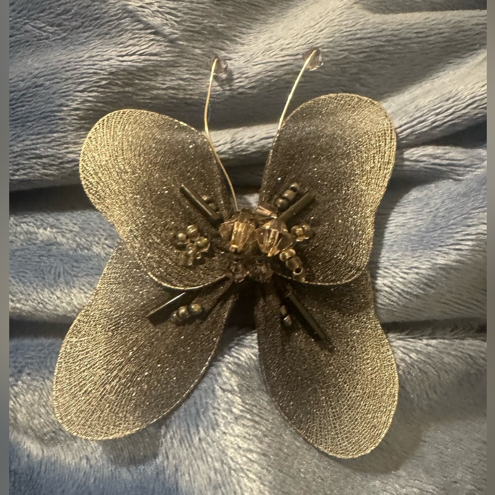Handmade Silver and Black Butterfly Brooch with Rhinestones